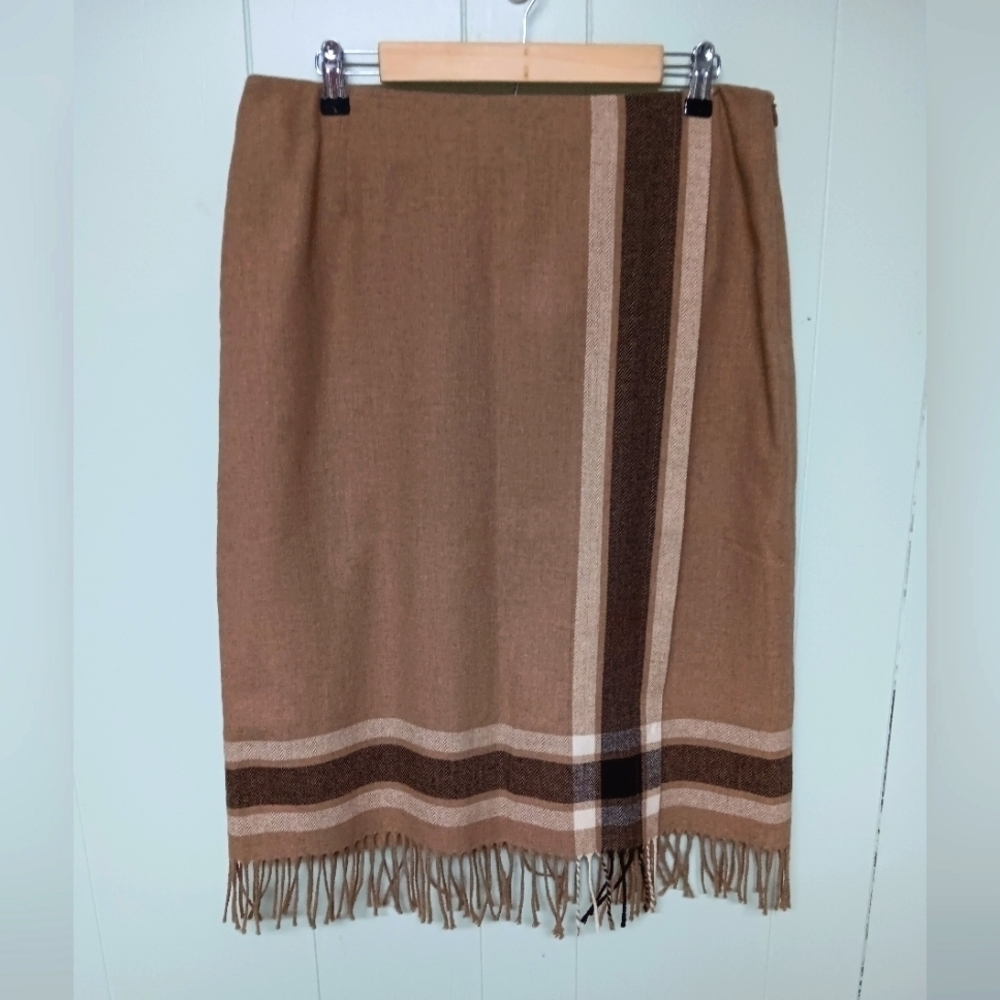 Womens pursuits Ltd wool fringe skirt womens sz 14 tan brown